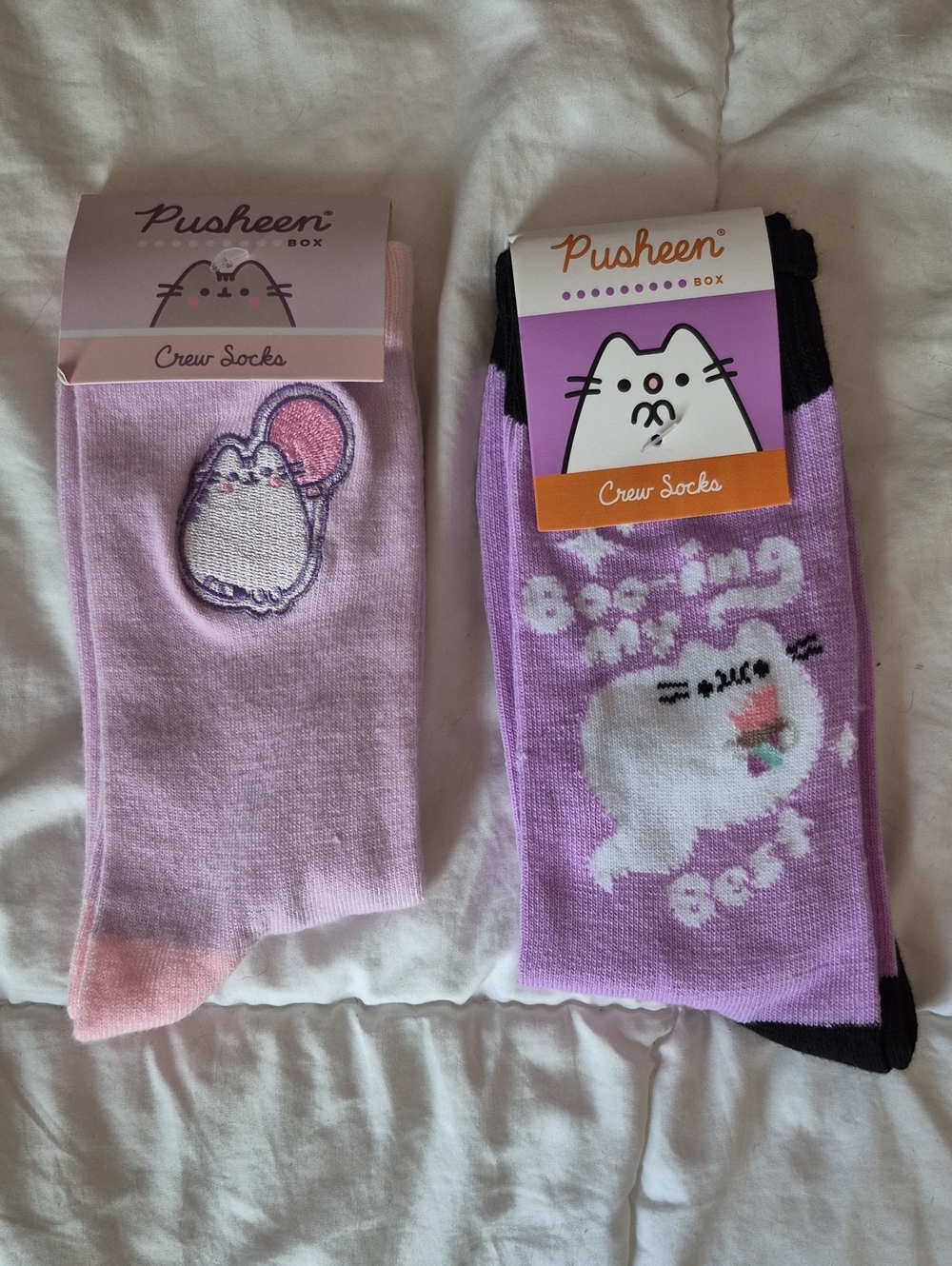 Pusheen Pink & Lavender Crew Socks with Cute Cat Designs